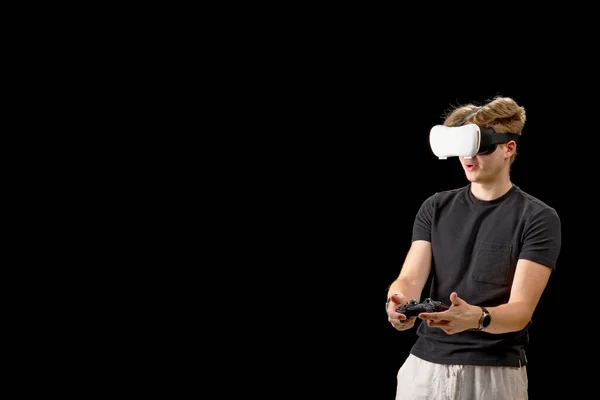 Portrait Young Man Virtual Reality Glasses Young Man Using White — Fotografia de Stock