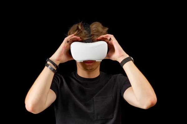 Young Man Wearing Virtual Reality Glasses Goggles Isolated Black Background — Fotografia de Stock