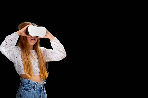 Portrait Young Caucasian Woman Using Virtual Reality Holographic Hololens Glasses — Zdjęcie stockowe