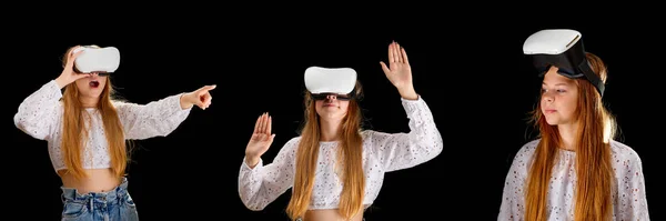 Молодая Женщина Носит Очки Взаимодействует Виртуальной Реальностью Развлечениями Образованием Инновационной — стоковое фото
