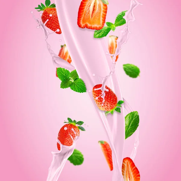 Verse Aardbeien Vallen Een Heerlijke Aardbeiensmoothie Maken Roze Achtergrond Berenmilkshake — Stockfoto