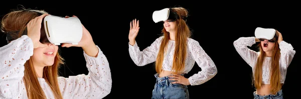 Gooles Girl Young Woman White Shirt Jeans Wearing Virtual Googles — Zdjęcie stockowe