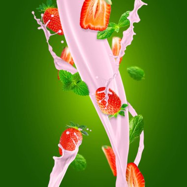 Lezzetli bir çilekli smoothie yapmak için düşen taze çilekler. Beyaz arka plan. Meyveli milkshake.