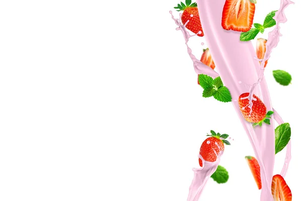 Fresh Strawberries Falling Make Delicious Strawberry Smoothie White Background Berry — Stock Photo, Image