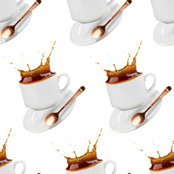 Seamless pattern on white background, falling coffee cup, splashes coffee, banner for coffee house.