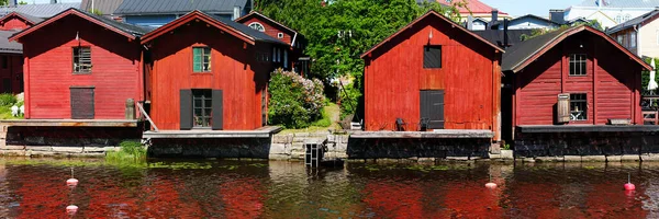 Red Harbor Warehouses Nice Reflections Porvoo River Fishing Village Scandinavian — Stock Photo, Image