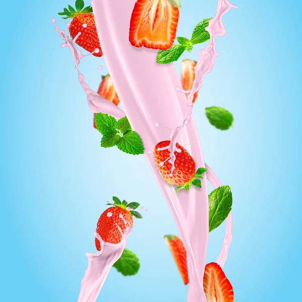 Frische Erdbeeren Fallen Einem Leckeren Erdbeer Smoothie Blauer Hintergrund Beerenmilchshake — Stockfoto