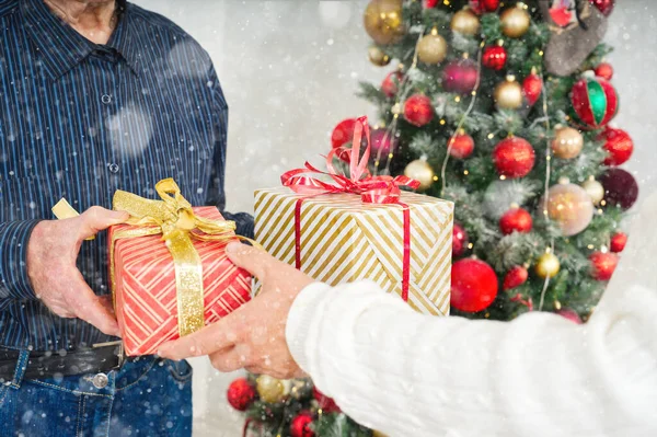 Gift Exchange in Front of Decorated Christmas Tree. Closeup of adult hands holding Christmas present in wrapping paper. Romantic day. Winter holidays.