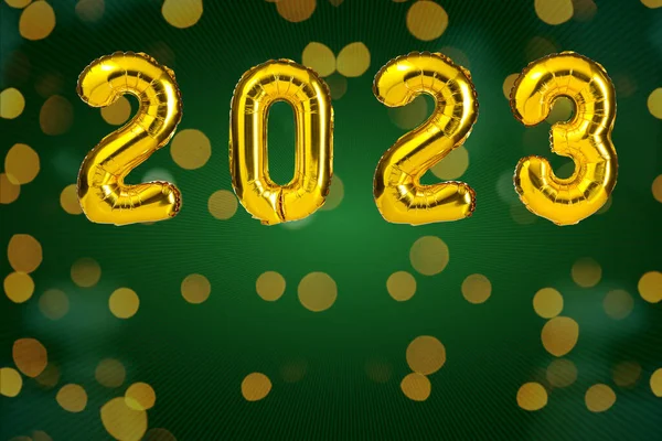 Nyår 2023 Firande Guldgula Foliefärgballonger 2023 Ballonger Grön Bakgrund Gratulationskort — Stockfoto