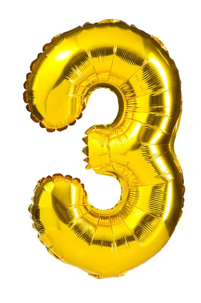 Helium Gouden Ballon Nummer Drie Geïsoleerd Wit — Stockfoto