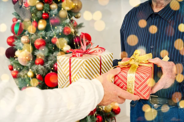Gift Exchange in Front of Decorated Christmas Tree. Closeup of adult hands holding Christmas present in wrapping paper. Romantic day. Winter holidays.