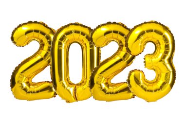 Yeni yıl 2023 kutlaması. Altın folyo renkli balonlar. 2023 balon. İzole edilmiş beyaz arka plan. Parti, tebrik kartı, reklamcılık, yıldönümü..