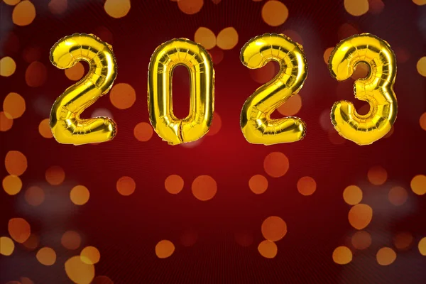 Nyår 2023 Firande Guldgula Foliefärgballonger 2023 Ballonger Röd Bakgrund Parti — Stockfoto