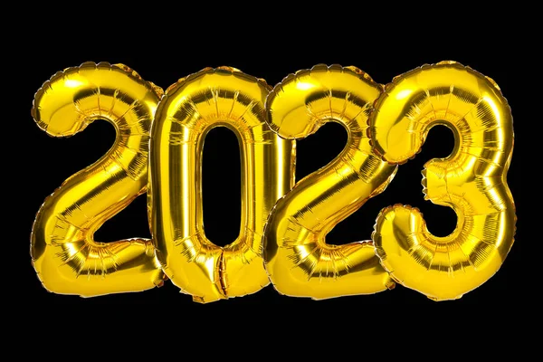 Neujahrsfeier 2023 Goldgelbe Folienballons 2023 Ballons Vereinzelter Schwarzer Hintergrund Party — Stockfoto