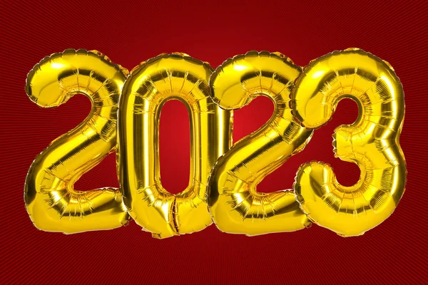 Neujahrsfeier 2023 Goldgelbe Folienballons 2023 Ballons Auf Rotem Hintergrund Party — Stockfoto