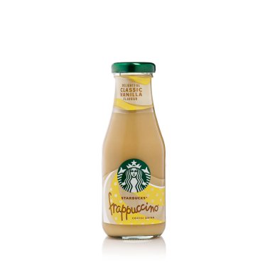 Tallinn, Estonia - January, 2023: Bottle of Starbucks Frappuccino Coffee drink. Frappuccino vanilla Coffee isolated on white