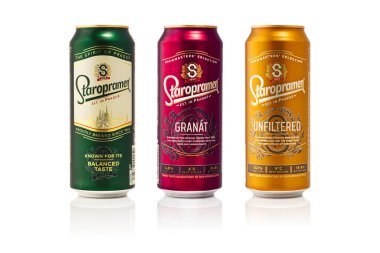 Tallinn, Estonia - January, 2023: Can of Czech Staropramen beer isolated on white background. Staropramen best Czech Republic beer in aluminum can