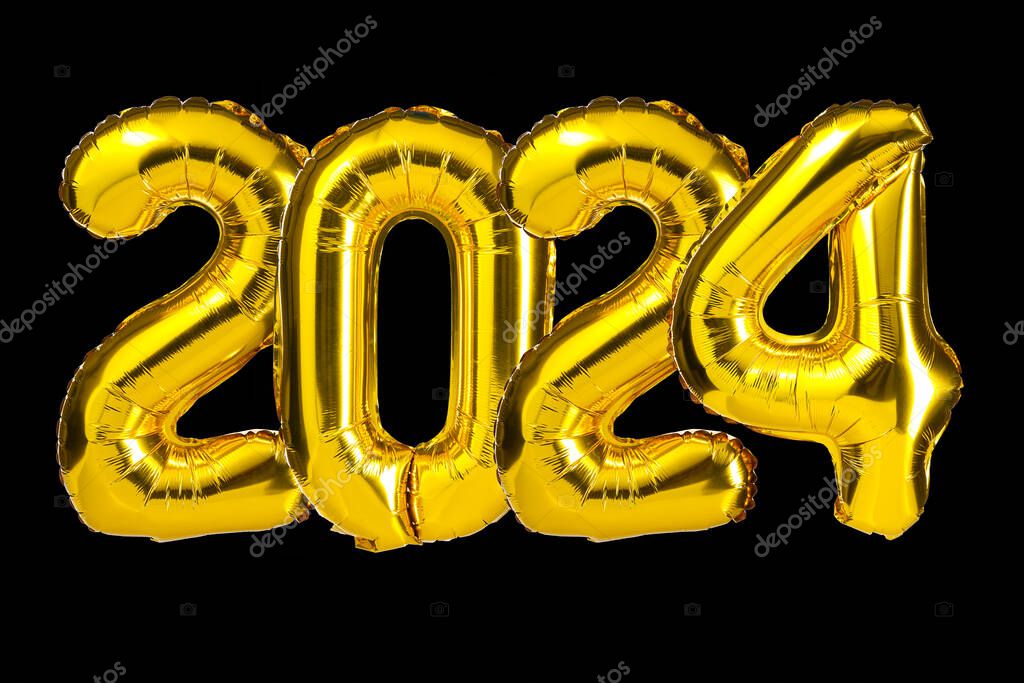 New Year 2024 celebration. Golden Yellow foil color balloons. 2024