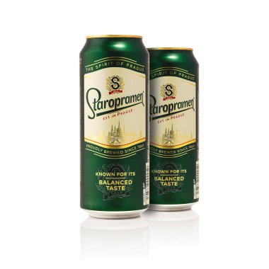 Tallinn, Estonia - January, 2023: Can of Czech Staropramen beer isolated on white background. Staropramen best Czech Republic beer in aluminum can