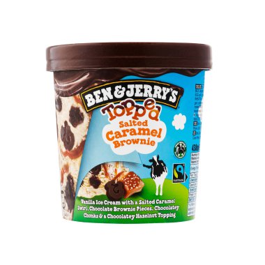 Tallinn, Estonia - January 2023: Ben Jerrys topped salted caramel brownie Ice Cream isolated on white background. Premium handmade USA Ice cream
