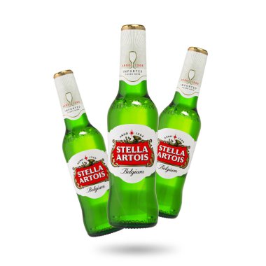 Bottle of Stella Artois beer on isolated white background, premium Belgium pilsner beer