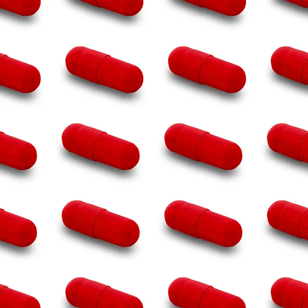 Gel capsule seamless pattern. Red capsule shaped medicine. pharmacy concept. food supplement. Capsule pills pattern on a white background