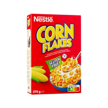 Tallinn, Estonia - January 2023. Nestle Corn flakes breakfast cereal. Red box of popular breakfast corn flakes. Nestle largest food company in the world.