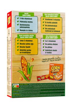 Tallinn, Estonia - January 2023. Nestle Corn flakes breakfast cereal. Red box of popular breakfast corn flakes. Nestle largest food company in the world.