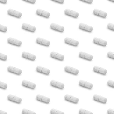 Gel capsule seamless pattern. White capsule shaped medicine. pharmacy concept. food supplement. Capsule pills pattern on a white background