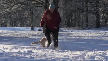 A happy Man walking dog at snowy weather, outdoor. dog owner playing with puppy winter concept. Playing with happy dog fun