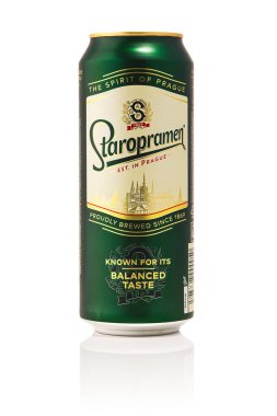 Tallinn, Estonia - January, 2023: Can of Czech Staropramen beer isolated on white background. Staropramen best Czech Republic beer in aluminum can