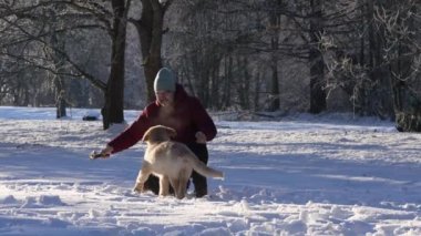 A happy Man walking dog at snowy weather, outdoor. dog owner playing with puppy winter concept. Playing with happy dog fun