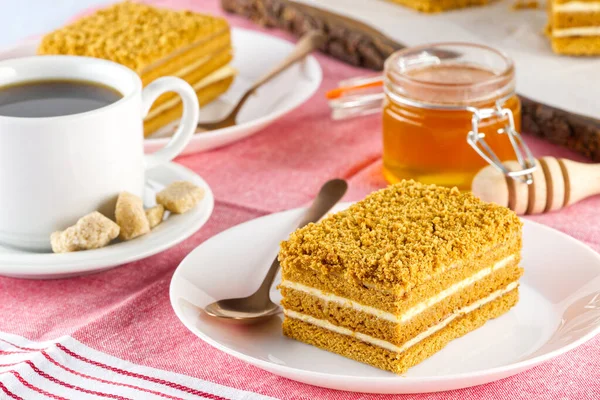 Homemade Honey cake. Honey cake Medovik, layer cake on white plate. Closeup view. sweet dessert cake. Slice of layered honey cake selective focus.
