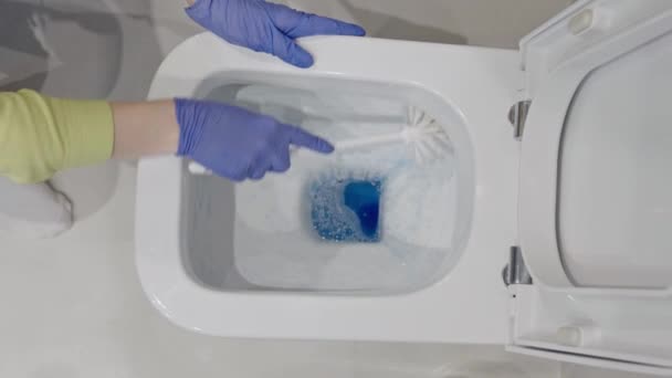 Czyszczenie Toalet Ścianie Detergentem Pokojówka Czyści Łazienkę Szczotką Szorowania Usługi — Wideo stockowe