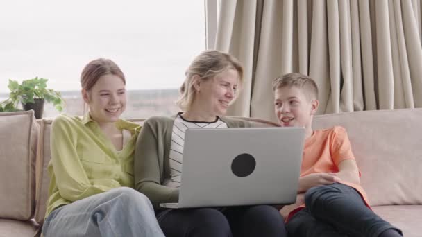 Happy Family Kids Sit Sofa Living Room Have Fun Using — Stock videók