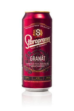 Tallinn, Estonia - January, 2023: Staropramen granat. Czech Staropramen beer can over white background. Czech best beer. Staropramen best Czech Republic beer in aluminum can