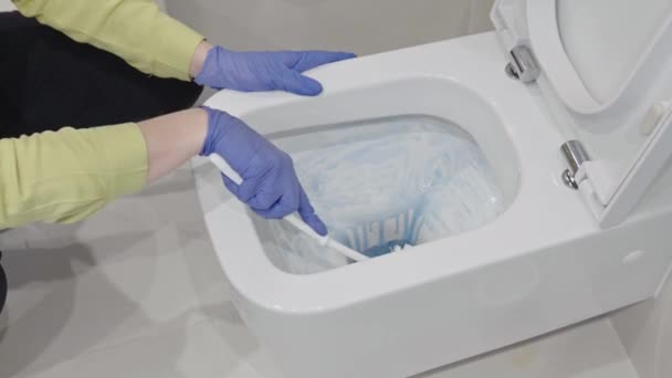 Wandmontierte Toilettenreinigung Mit Waschmittel Hotelangestellte Putzt Eine Toilette Badezimmer Mit — Stockvideo