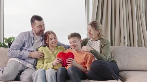 Happy Family Kids Sit Sofa Living Room Have Fun Using — Stockvideo