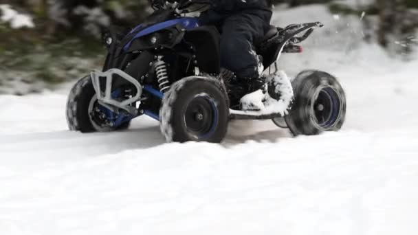Οδηγώντας Ένα Quad Χειμώνα Παιδί Την Τετράδα Του Χειμώνα — Αρχείο Βίντεο