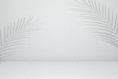 Gri arka planda boş avuç içi gölgesi deseni çimento. Tropik yaz konsepti. Çevrimiçi mağaza sunumu için kullanılan iş doğası organik kozmetik ürünleri