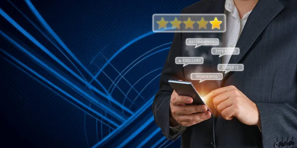 Five Stars Testimonial Customer Review Good Rating Concept Hand Pressing – stockfoto