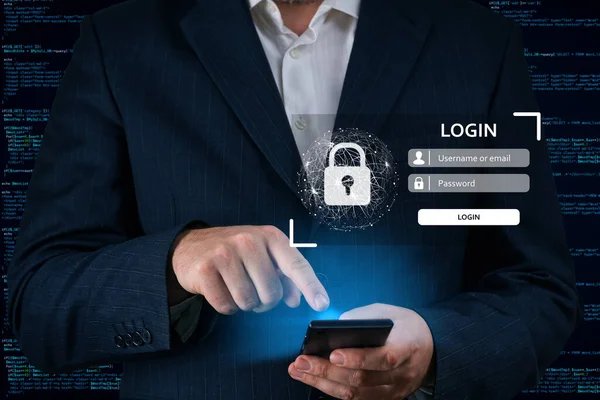 Login using digital device. Man hand using online banking. E-commerce, Online security payment concept. Network security of internet access into router with futuristic icon