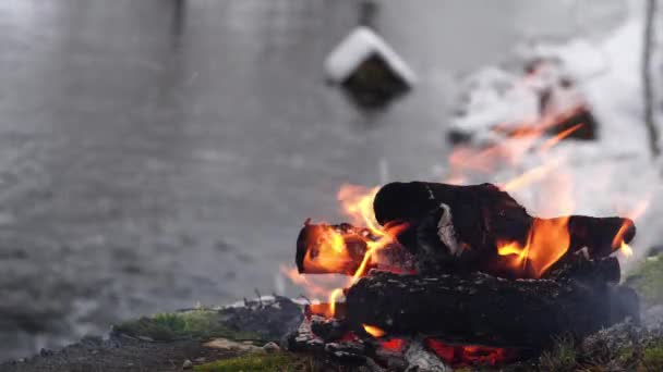 Tűz Folyóparton Télen Hangulatos Kandalló Tábortűz Téli Folyó Partján — Stock videók