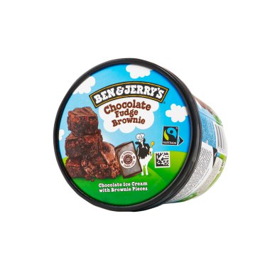 Tallinn, Estonia - January 2023: Ben Jerrys Chocolate Fudge Brownie Ice Cream isolated on white background. Premium handmade USA Ice cream