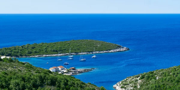 亚得里亚海中的一个岛屿 位于克罗地亚达尔马提亚蓝色的亚得里亚海中的绿岛 旅游目的地 旅游概念 — 图库照片