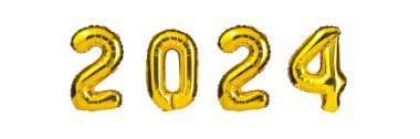 Yeni yıl 2024 kutlaması. Altın folyo renkli balonlar. 2024 balon. İzole edilmiş beyaz arka plan. Parti, tebrik kartı, reklamcılık, yıldönümü..