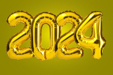 Yeni yıl 2024 kutlaması. Altın folyo renkli balonlar. 2024 balon. Sarı arka planda. Parti, tebrik kartı, reklamcılık, yıldönümü..