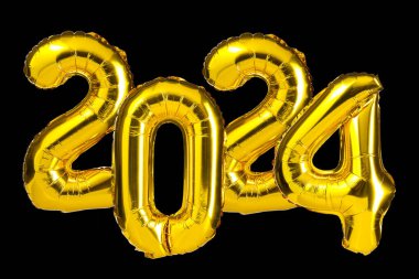 New Year 2024 celebration. Golden Yellow foil color balloons. 2024 balloons. Isolated black background. Party, greeting card, Advertising, Anniversary.