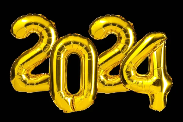2024年新年庆祝活动 金色黄箔彩球 2024个气球 孤立的黑色背景 周年纪念日 — 图库照片