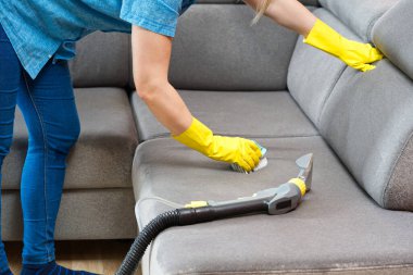 Textile sofa chemical cleaning with professionally extraction method. Upholstered furniture. domestic cleaning service. dust mite clipart